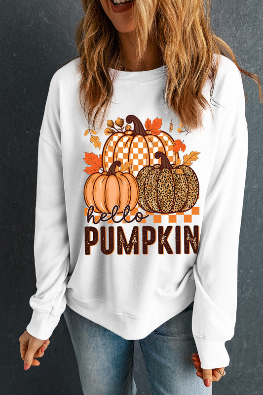 White Hello Pumpkin Thanksgiving Graphic Sweatshirt