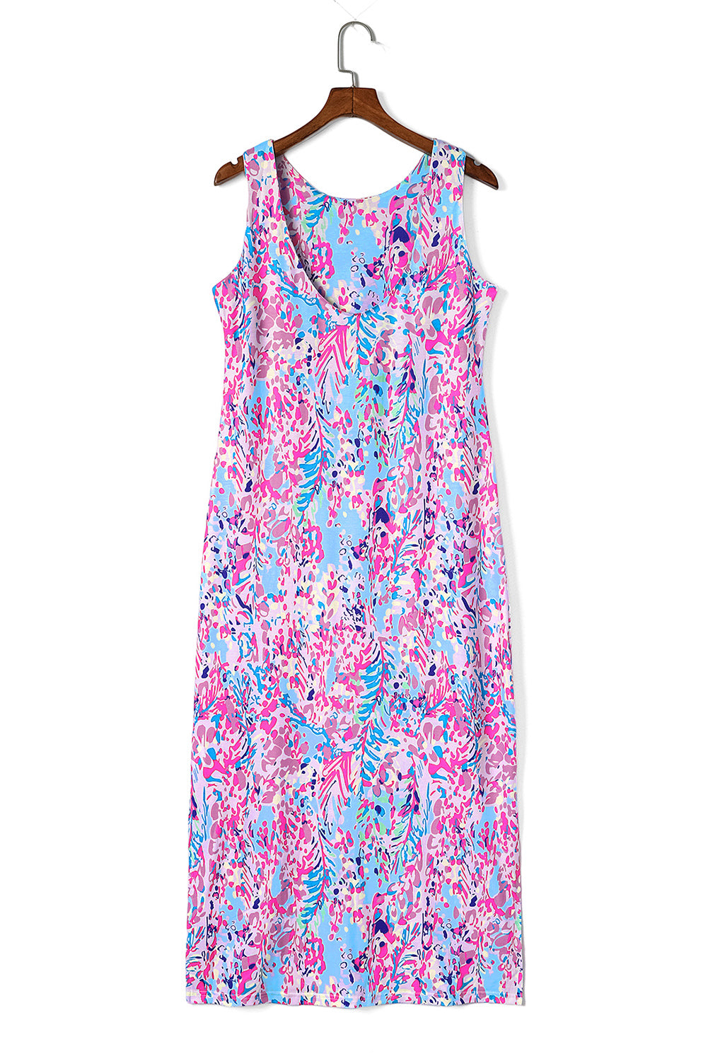 Purple Abstract Print Side Splits Round Neck Sleeveless Maxi Dress