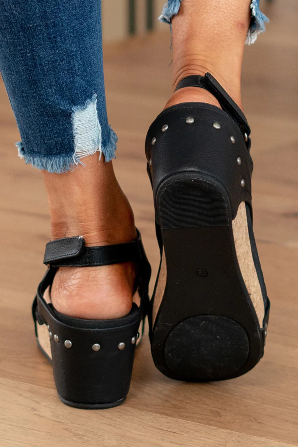 Gray Vintage Leather Stitching Studded Wedge Sandals