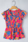 Rose Red Boho Floral Frill V Neck Smocked Peplum Blouse