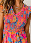 Rose Red Boho Floral Frill V Neck Smocked Peplum Blouse