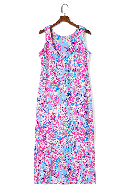 Purple Abstract Print Side Splits Round Neck Sleeveless Maxi Dress