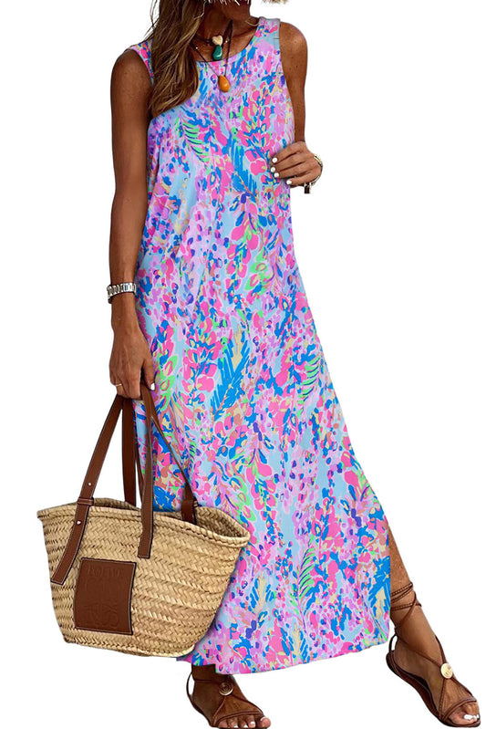 Purple Abstract Print Side Splits Round Neck Sleeveless Maxi Dress