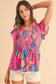 Rose Red Boho Floral Frill V Neck Smocked Peplum Blouse